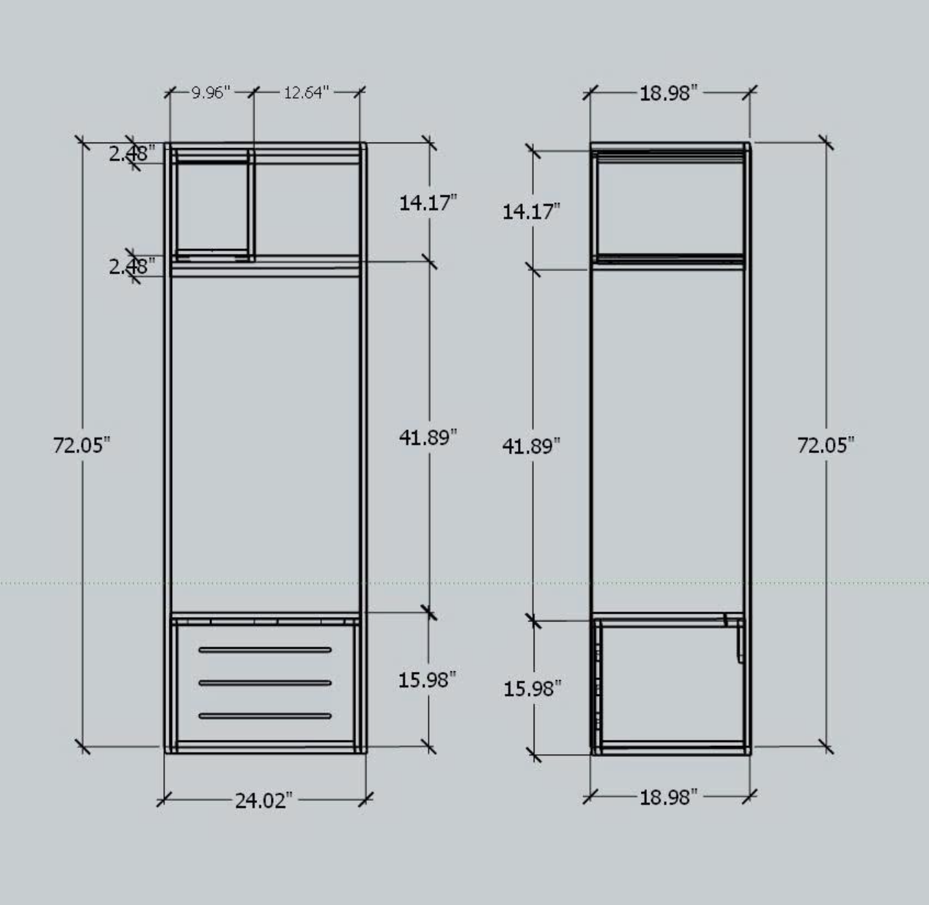 Pro locker dimensions sheet – front and side views with measurements in inches