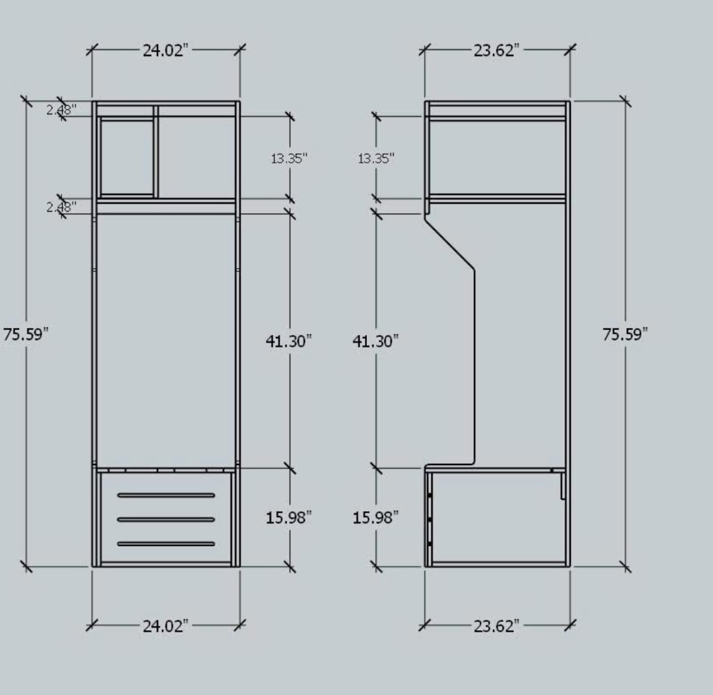 Stadium locker dimensions sheet – front and side views with measurements in inches