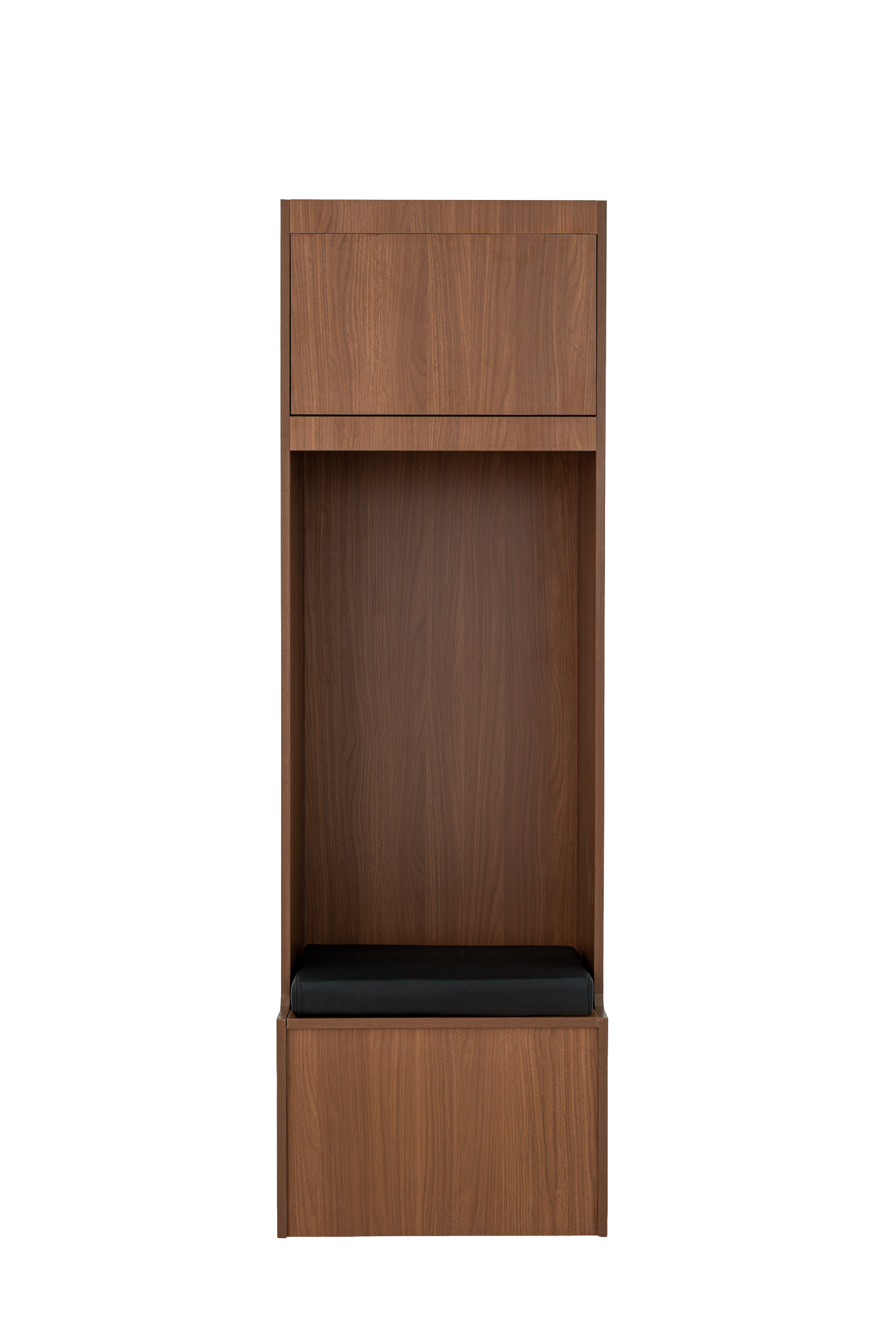 Model L wood locker in dark oak, front view with black bench cushion