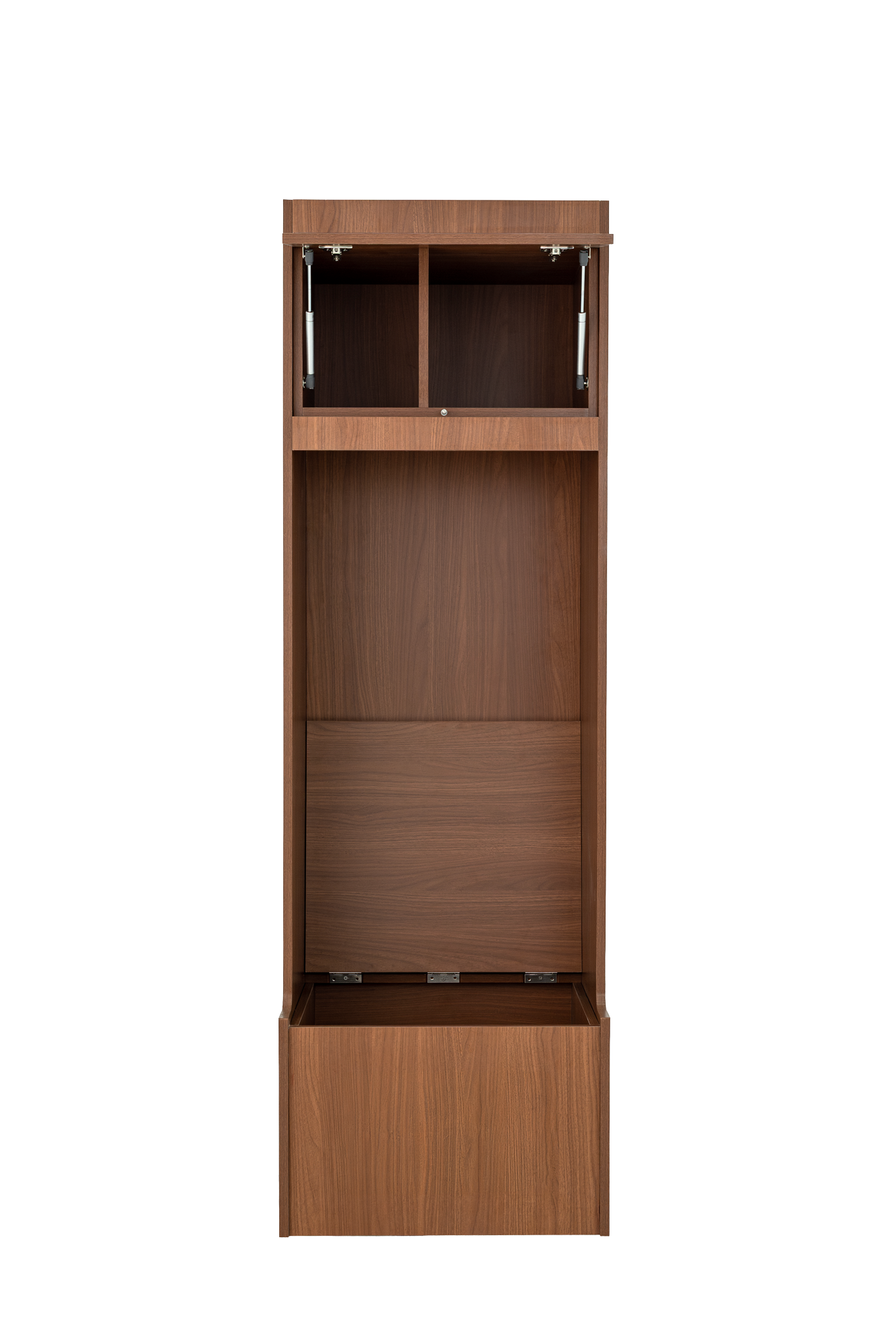 Model L wood locker in dark oak with top and bottom storage compartments open