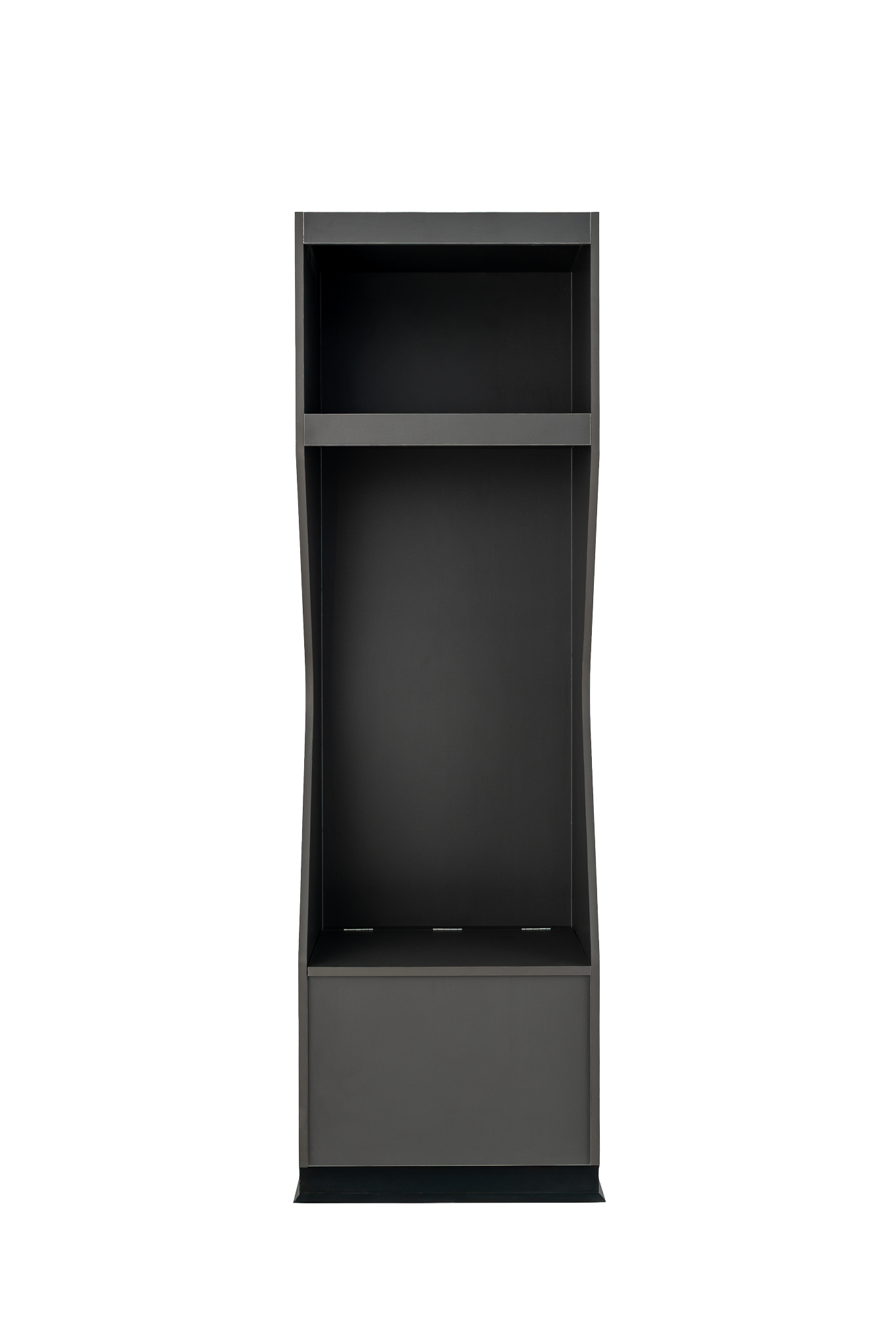Model X wood athletic locker in dark grey, front view with solid base