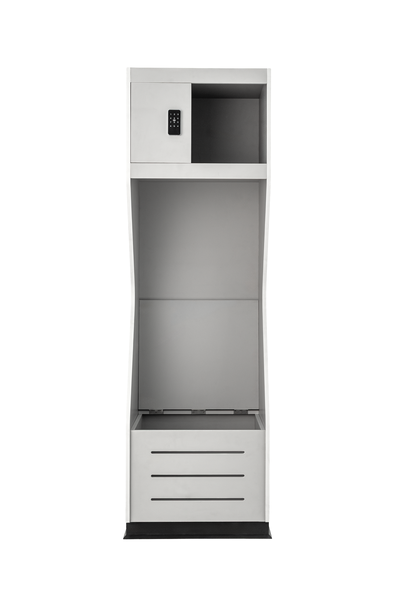 Model X wood athletic locker in light grey, front view with solid base
