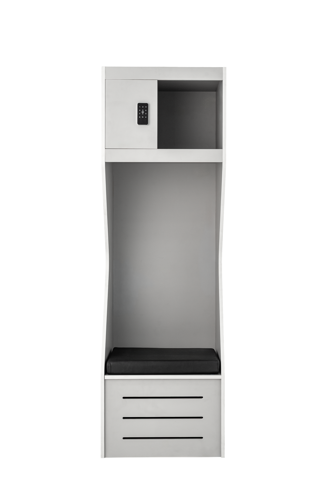 Model X wood athletic locker in light grey, front view with cushion seat