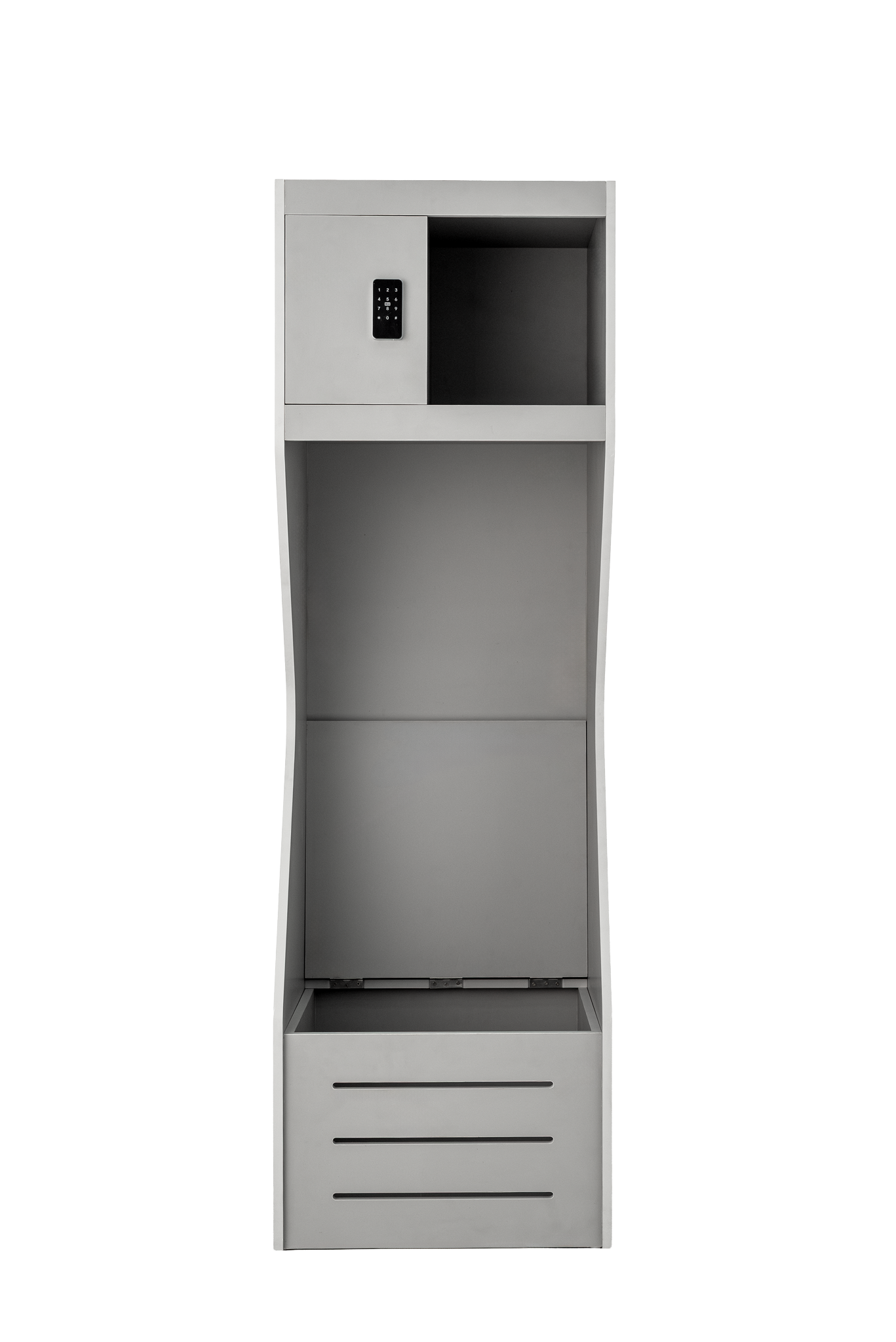 Model X wood athletic locker in light grey, front view with open seat storage compartment