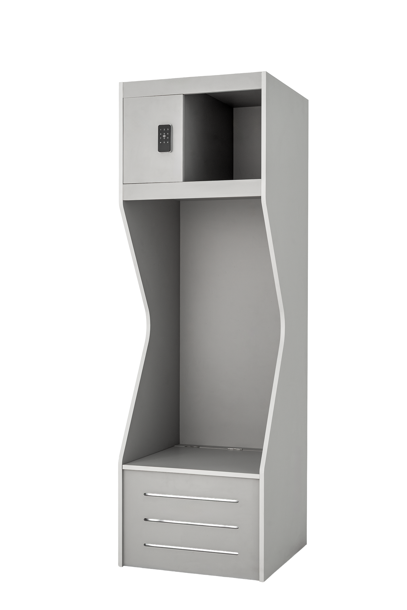 Model X wood athletic locker in light grey, left-side view