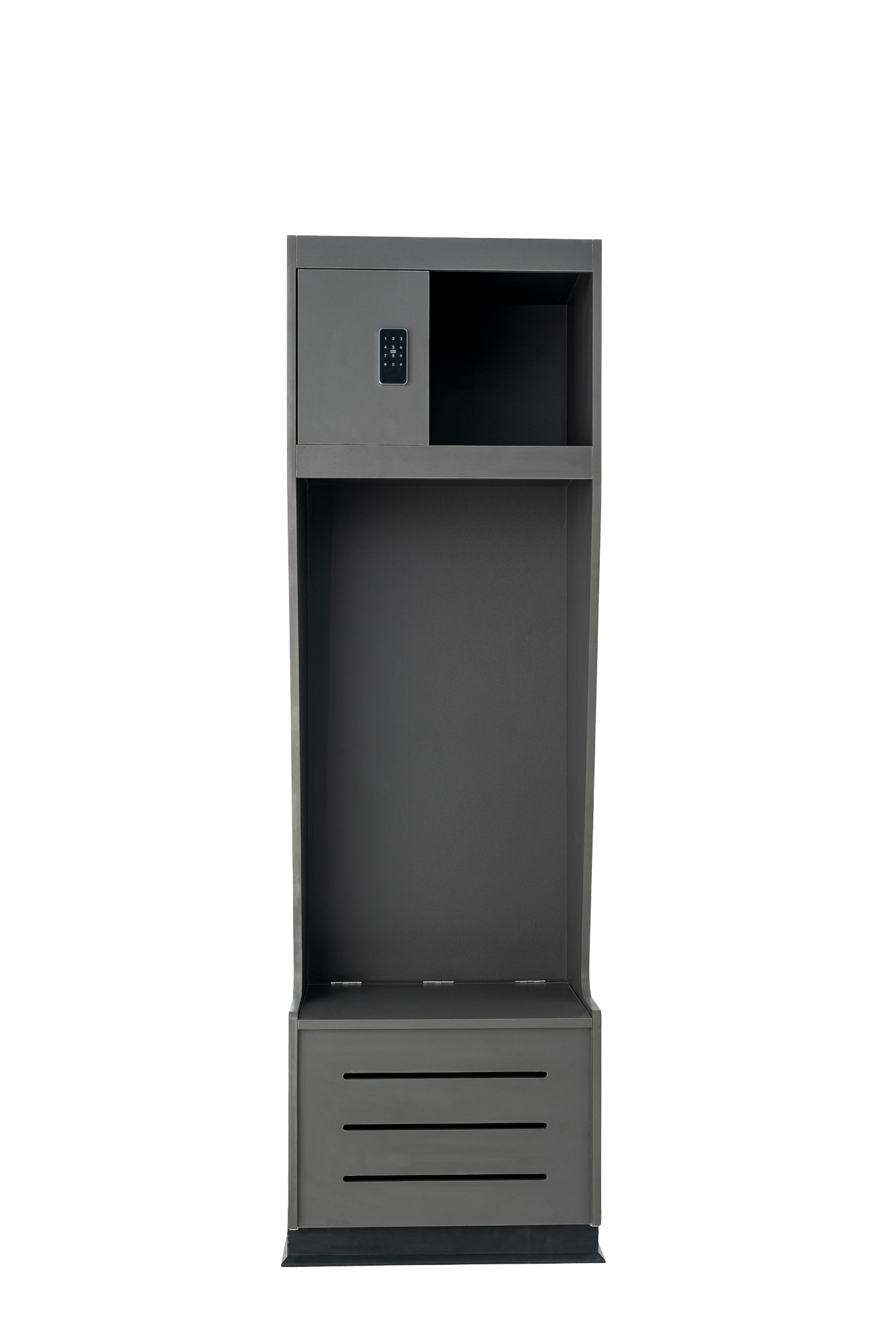 Model Z wood athletic locker in dark grey, front view with solid base