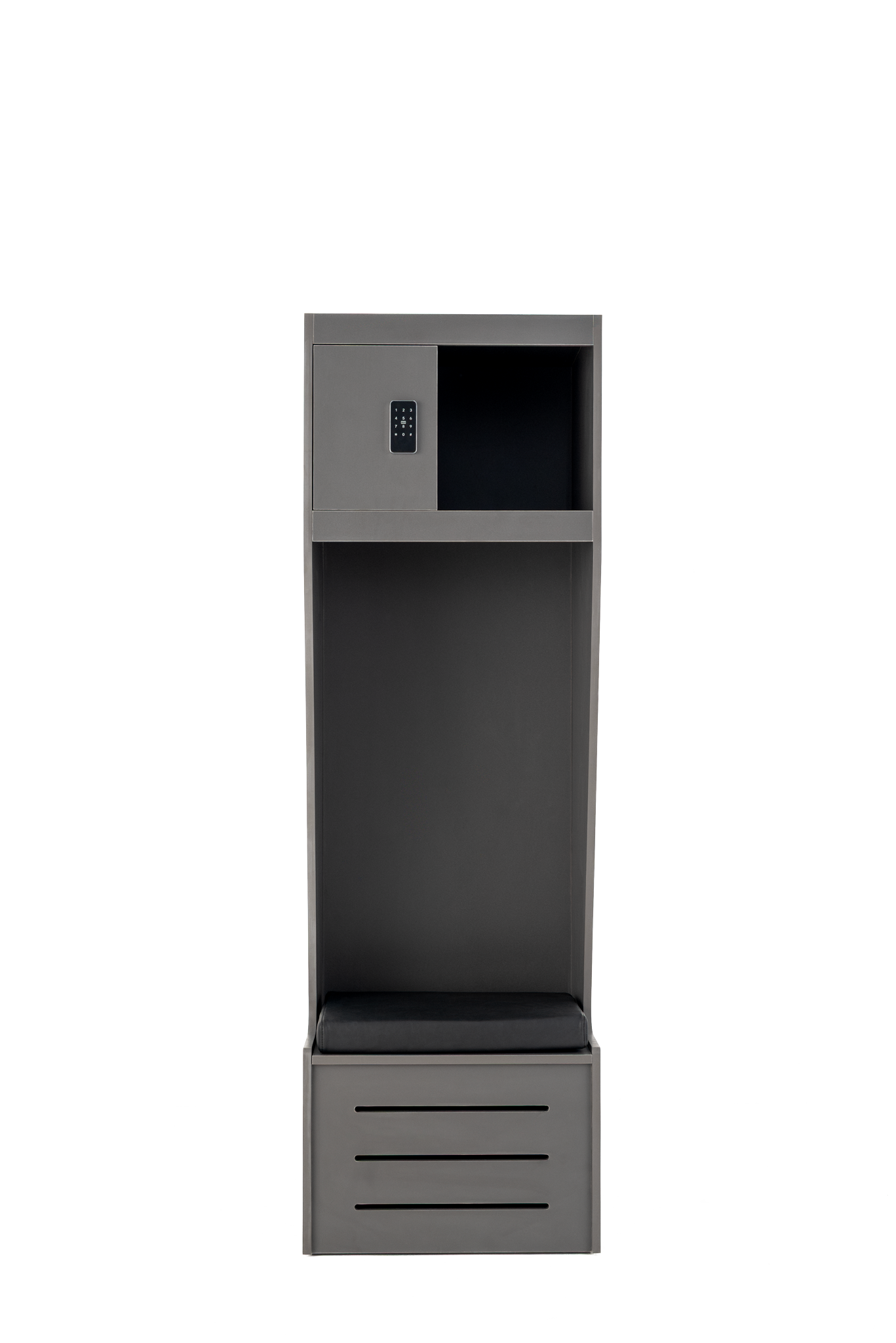 Model Z wood athletic locker in dark grey, front view with cushion seat
