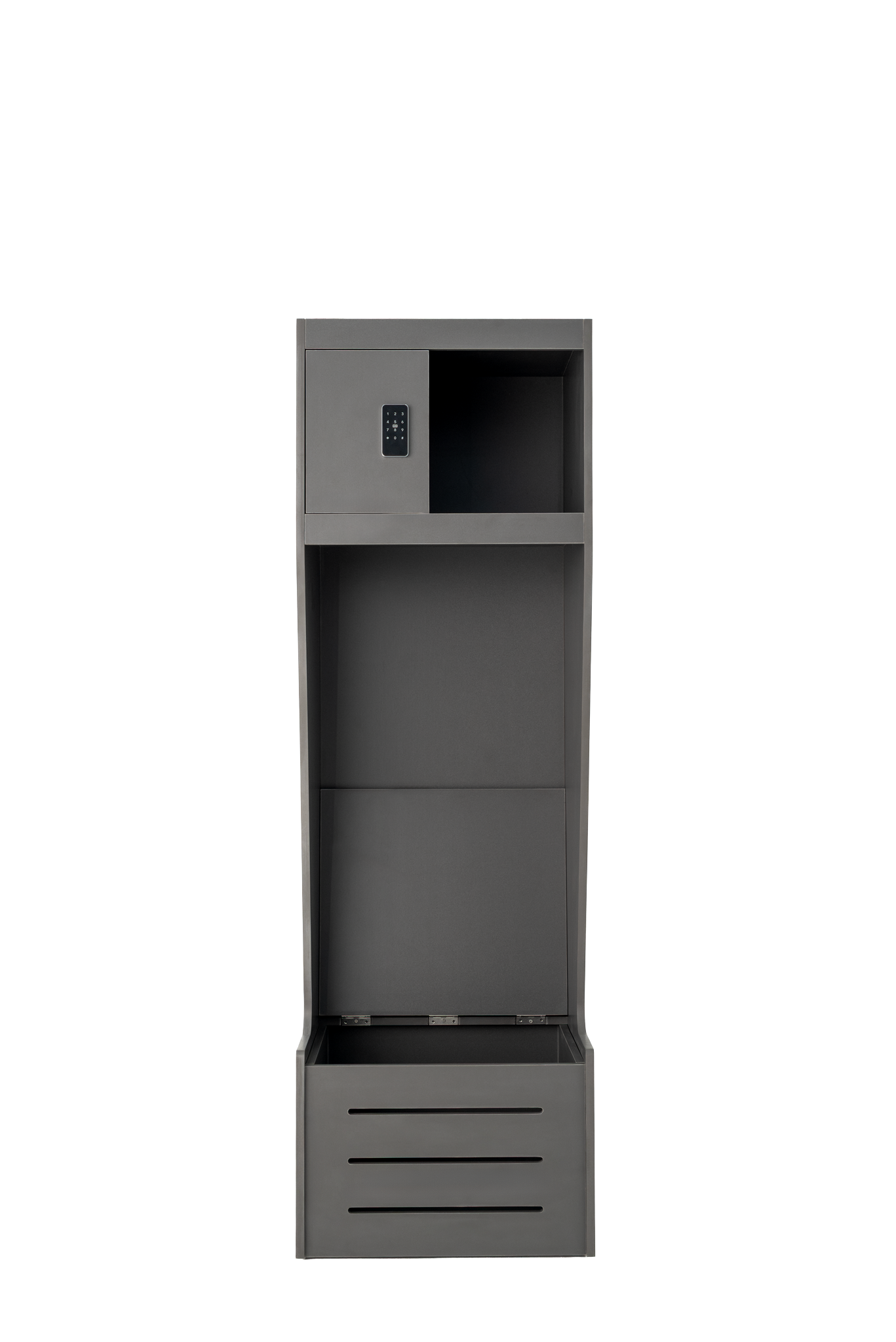 Model Z wood athletic locker in dark grey, front view with open seat storage compartment