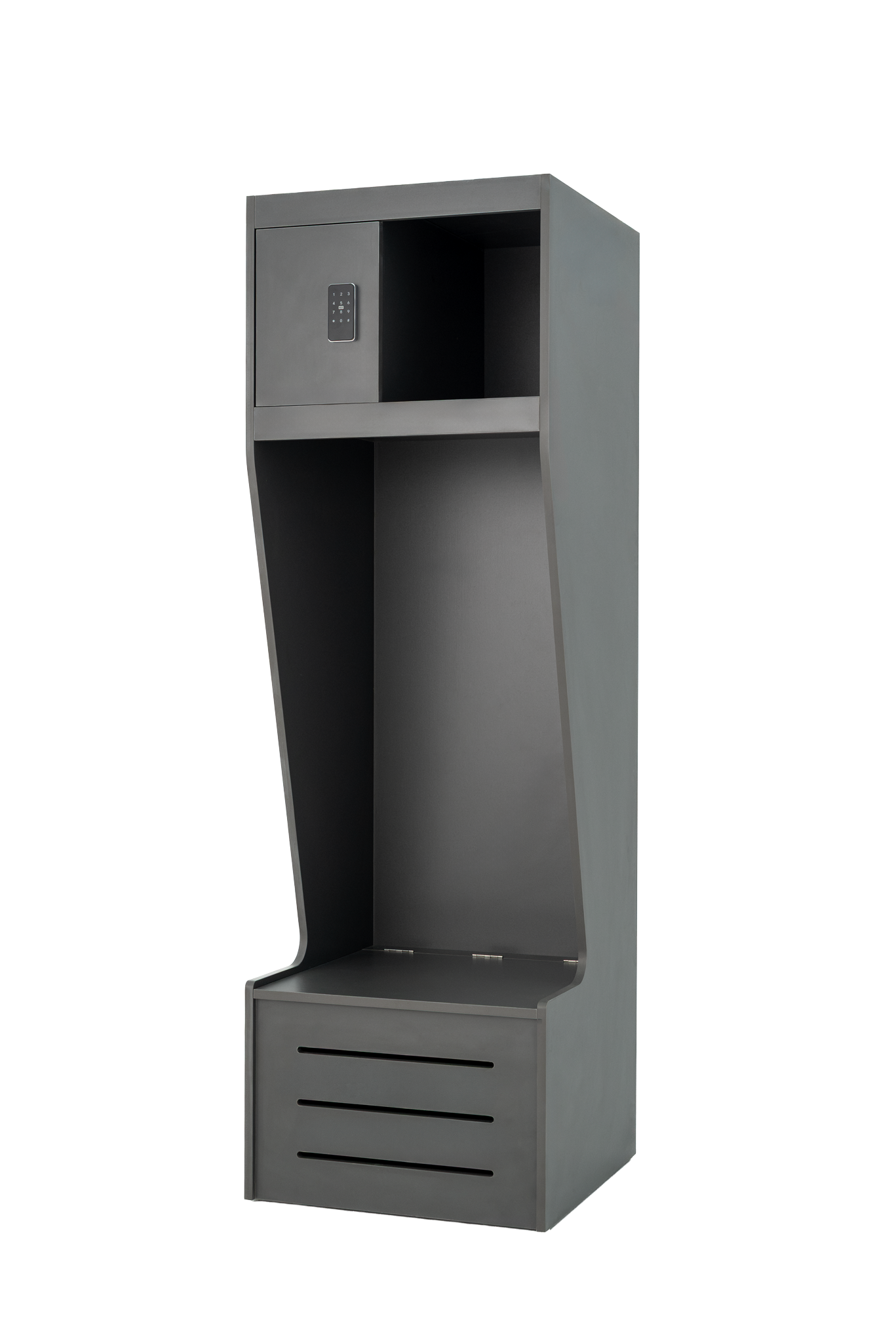 Model Z wood athletic locker in dark grey, left-side view