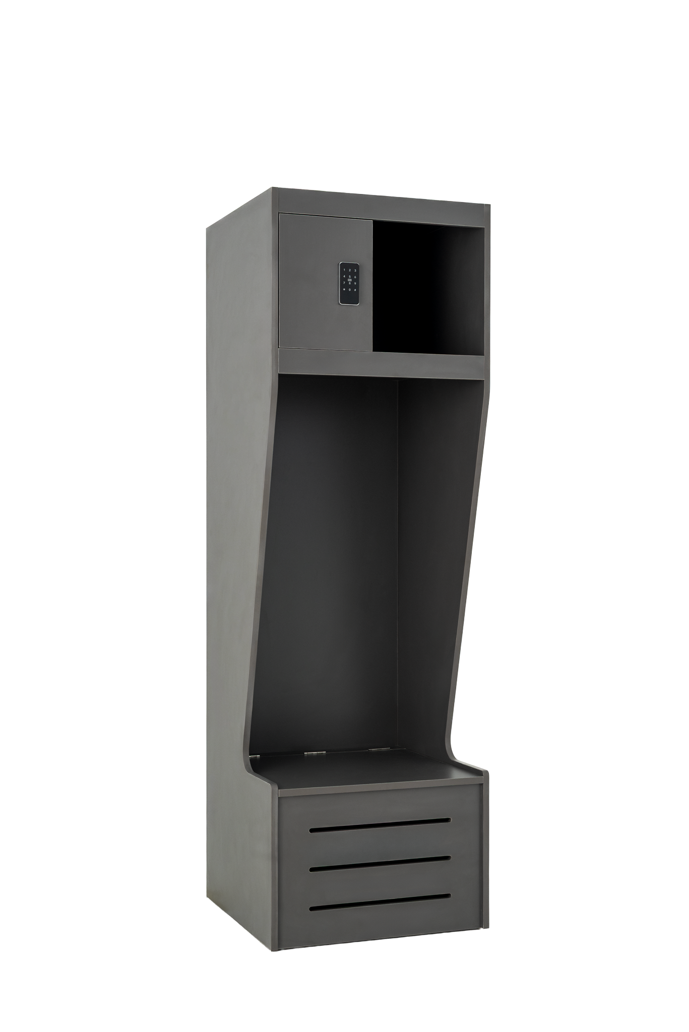 Model Z wood athletic locker in dark grey, right-side view