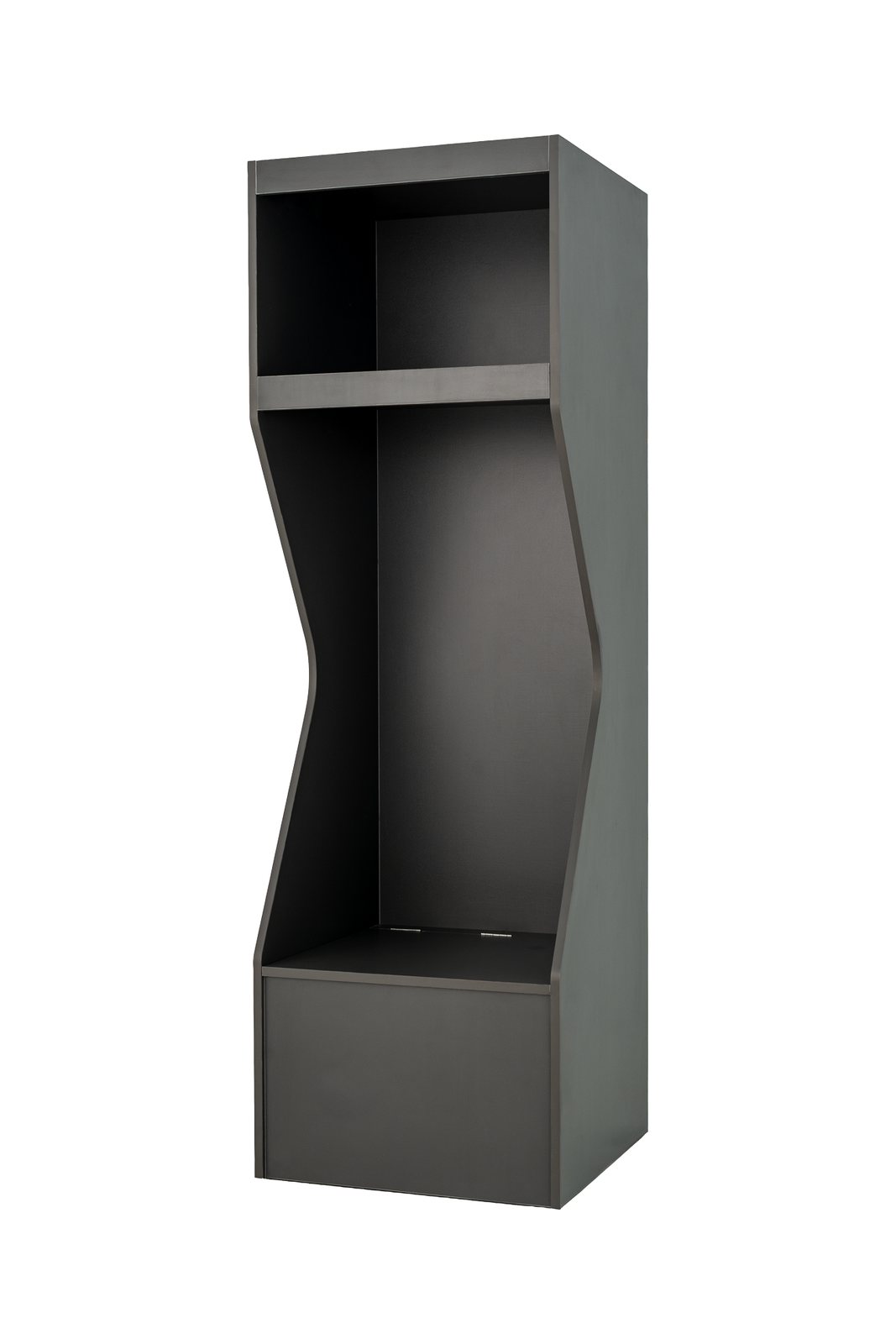 Model X wood locker in dark grey, three-quarter view