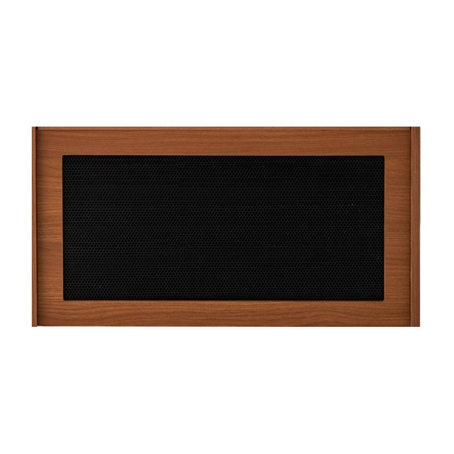Black metal vented front panel on a walnut locker