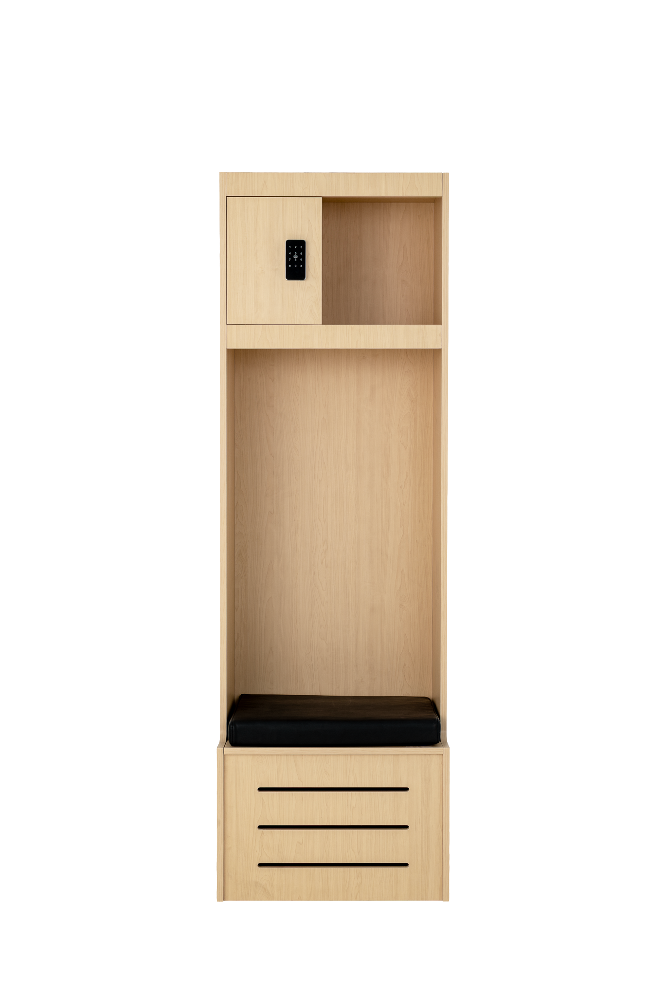 Pro Locker wood athletic locker in oak finish, front view with cushion seat