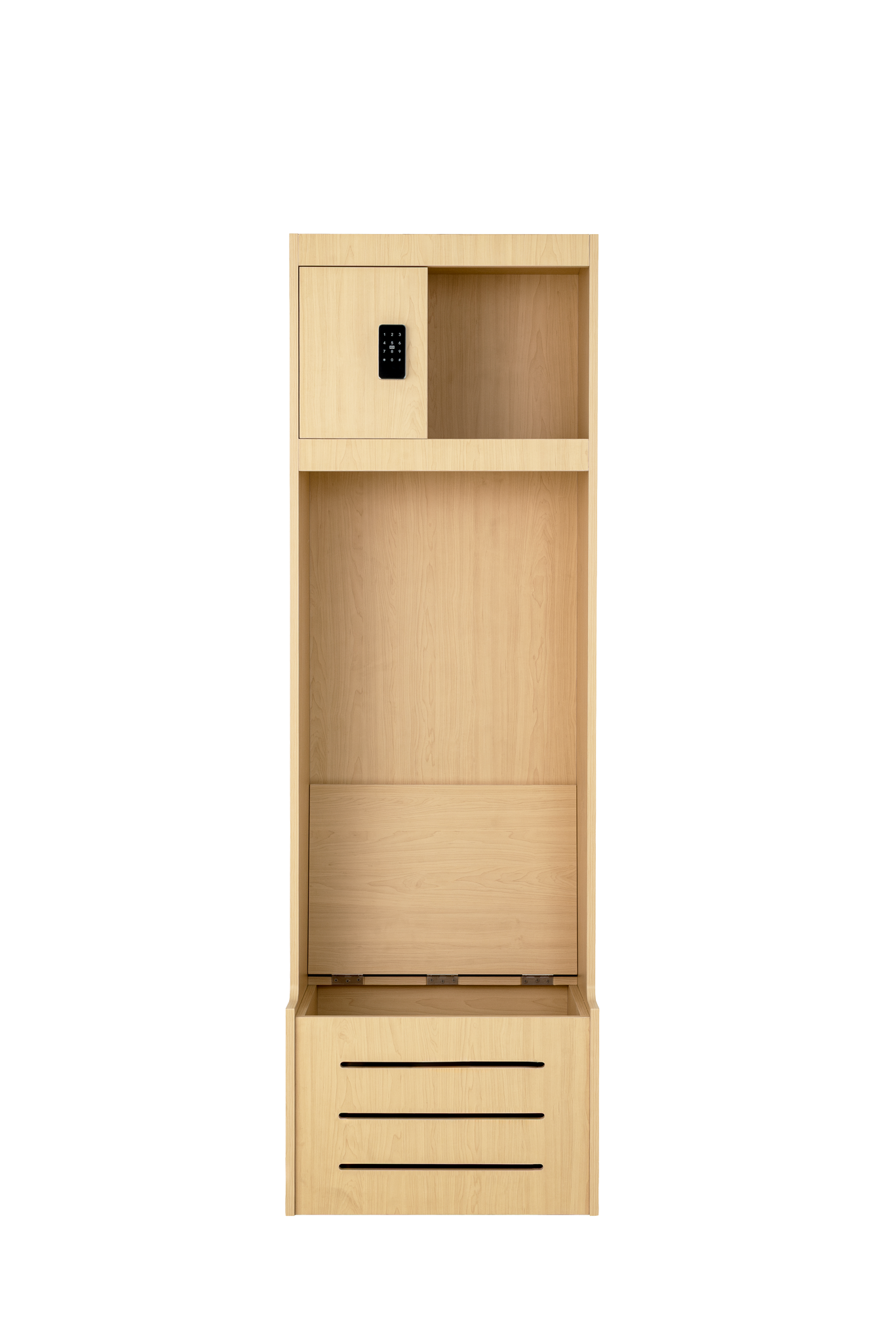 Pro Locker wood athletic locker in oak finish, front view with open seat storage compartment