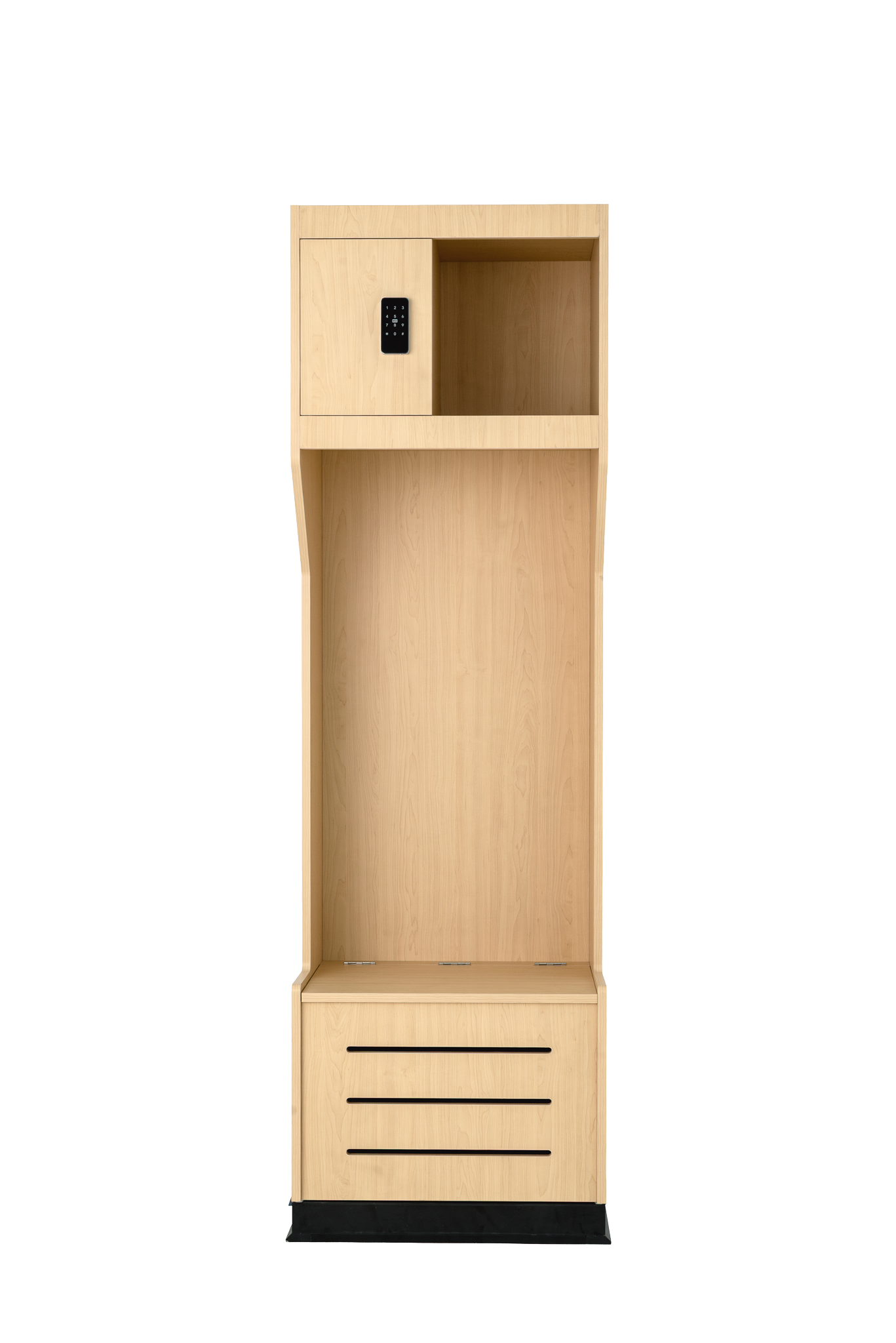 Stadium Locker wood athletic locker in oak finish, front view with solid base